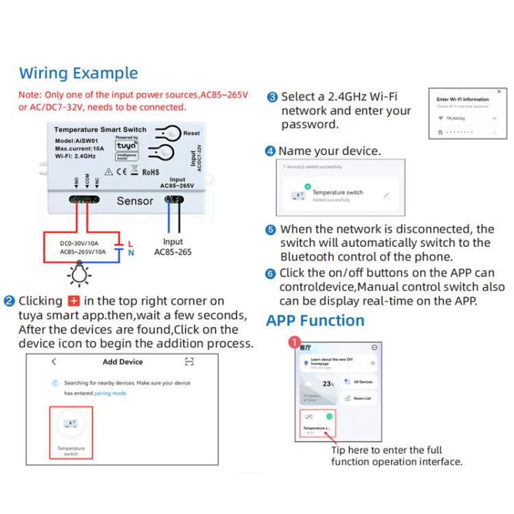 Graffiti WIFI Temperature Dry Contact Switch Module APP Remote Control Switch, Supports Google / Alexa Voice, With 1m Cable, With 2m Cable, Humidity+Integrated 1m Cable