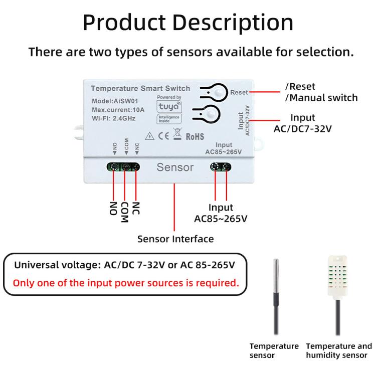 Graffiti WIFI Temperature Dry Contact Switch Module APP Remote Control Switch, Supports Google / Alexa Voice, With 1m Cable, With 2m Cable, Humidity+Integrated 1m Cable