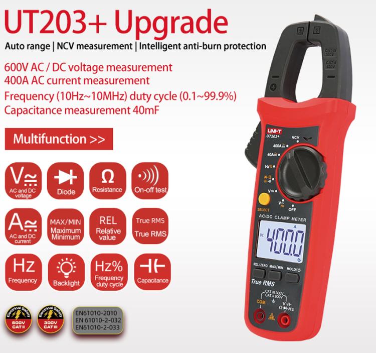 True RMS Auto-Ranging Digital Clamp Meter 400A AC/DC With NCV, Backlit LCD, Live Wire Detection & Data Hold, UNI-T UT203+