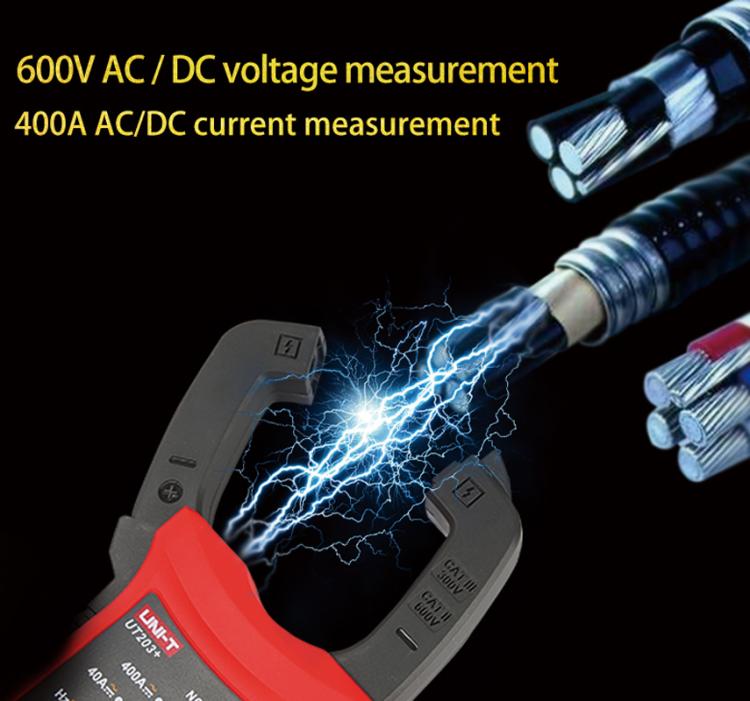 True RMS Auto-Ranging Digital Clamp Meter 400A AC/DC With NCV, Backlit LCD, Live Wire Detection & Data Hold, UNI-T UT203+