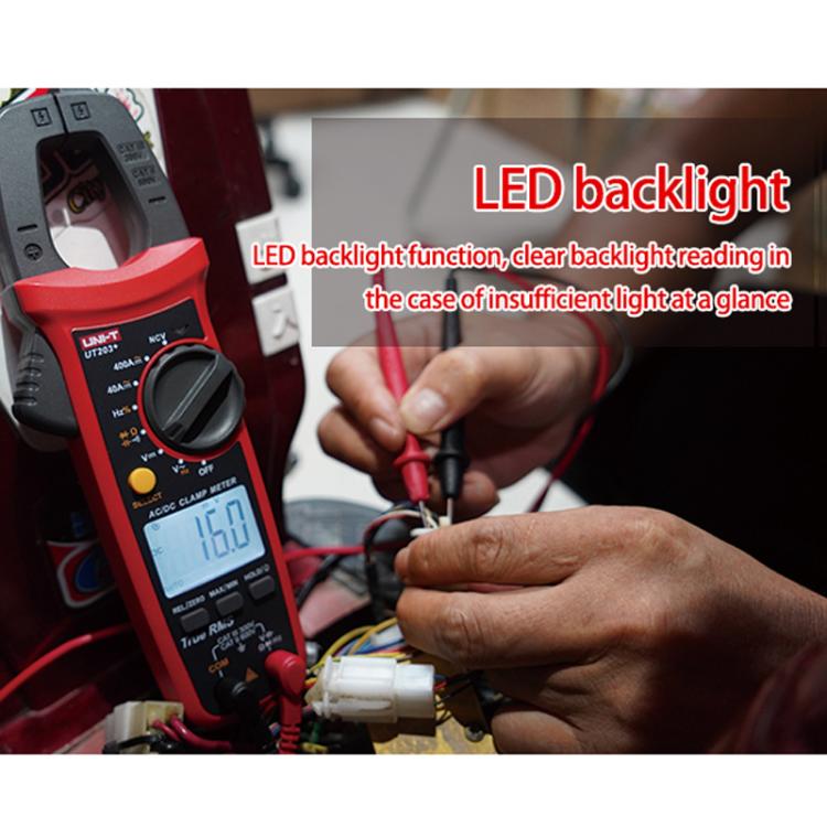 True RMS Auto-Ranging Digital Clamp Meter 400A AC/DC With NCV, Backlit LCD, Live Wire Detection & Data Hold, UNI-T UT203+
