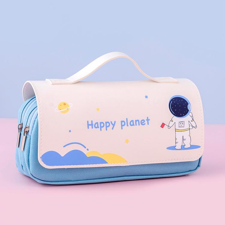 Student Handheld Double Layer Large Capacity Pencil Case Simple Planet-Themed Stationery Box