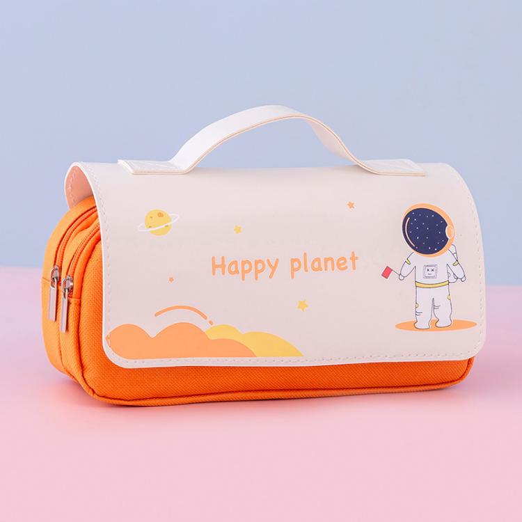 Student Handheld Double Layer Large Capacity Pencil Case Simple Planet-Themed Stationery Box