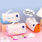 Student Handheld Double Layer Large Capacity Pencil Case Simple Planet-Themed Stationery Box