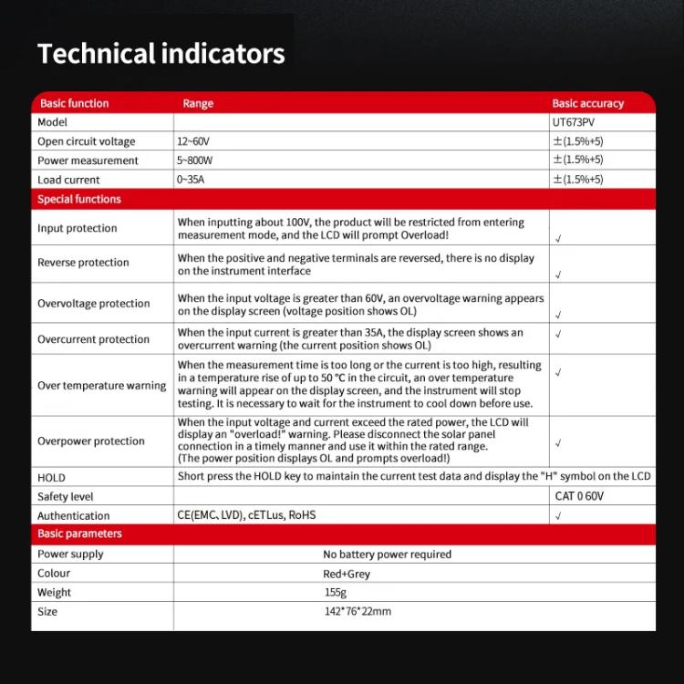 UNI-T UT673PV Solar MPPT Meter Solar Panel Maximum Power Tester Maintenance Diagnostic Tool