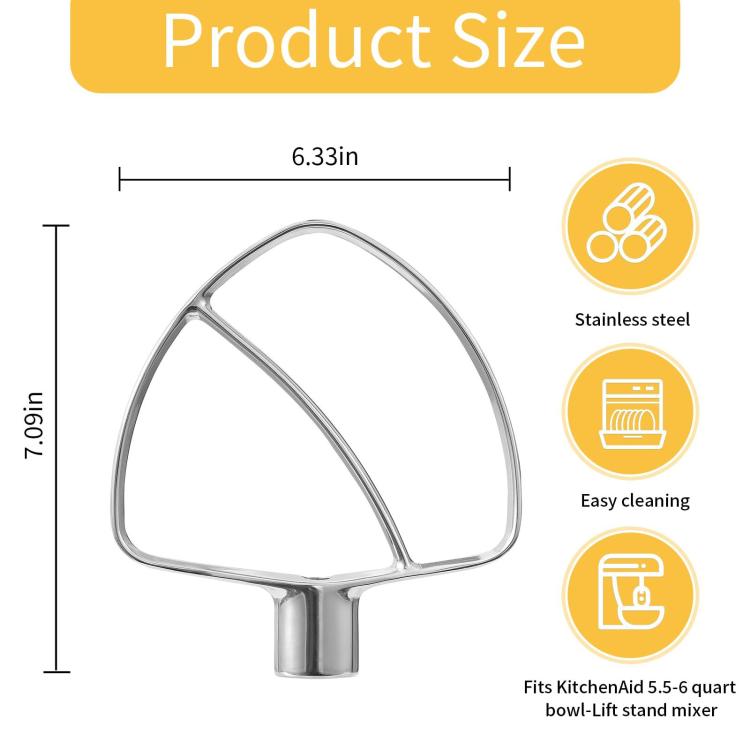 Stainless Steel Flat Beater For KitchenAid 5.5 & 6 QT Bowl-Lift Stand Mixers No Coating Durable Mixing Paddle Attachment, 5.5 & 6 QT
