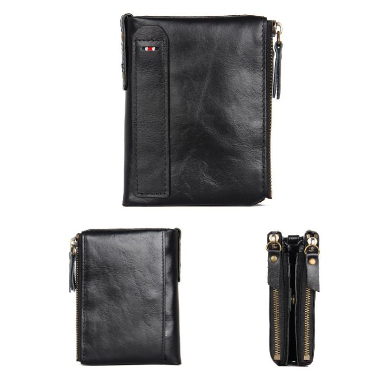 Leather RFID Men Short-Style Wallet Double-Zipper Billfold