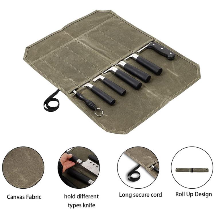 Wet Wax Canvas Knife Organizer Picnic Portable Storage Bag, 7 Slots (Army Green), 7 Slots (Khaki)