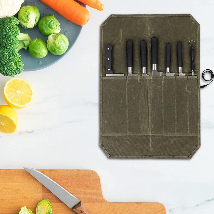 Wet Wax Canvas Knife Organizer Picnic Portable Storage Bag, 7 Slots (Army Green), 7 Slots (Khaki)