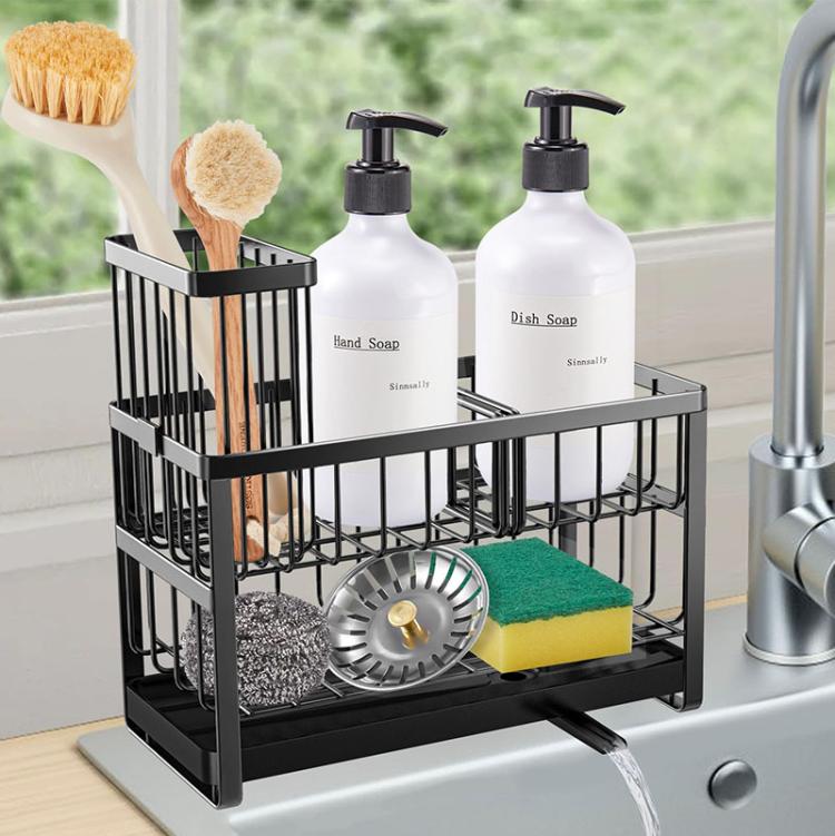2-Tier Sponge Drying Rack Kitchen Sink Countertop Organizer Holder for Scrubbers, Long Brushes & Dishcloths