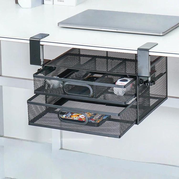 Under Desk 2-Layer Drawer Storage Basket Office Desk Cosmetics Stationery Storage Rack, Small 031, Large 032