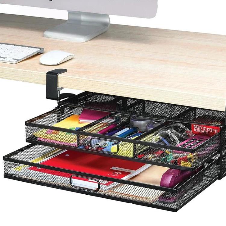 Under Desk 2-Layer Drawer Storage Basket Office Desk Cosmetics Stationery Storage Rack, Small 031, Large 032