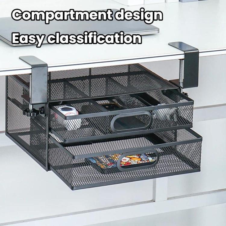Under Desk 2-Layer Drawer Storage Basket Office Desk Cosmetics Stationery Storage Rack, Small 031, Large 032