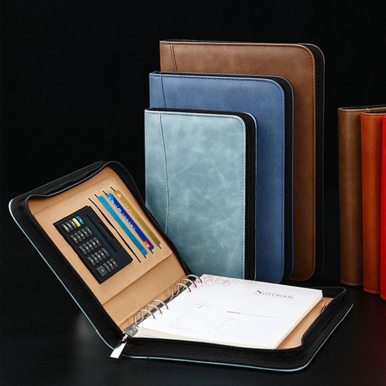 A5 PU Leather Zipper Organizer & Refillable Notebook with 8-Digit Calculator, Multi-Card Slots & Receipt Compartment, Black, Brown, Lake Blue