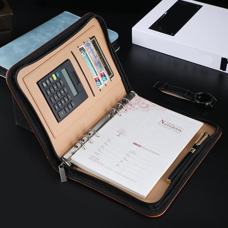 A5 PU Leather Zipper Organizer & Refillable Notebook with 8-Digit Calculator, Multi-Card Slots & Receipt Compartment, Black, Brown, Lake Blue