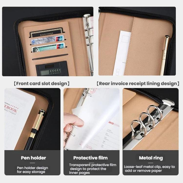 A5 PU Leather Zipper Organizer & Refillable Notebook with 8-Digit Calculator, Multi-Card Slots & Receipt Compartment, Black, Brown, Lake Blue