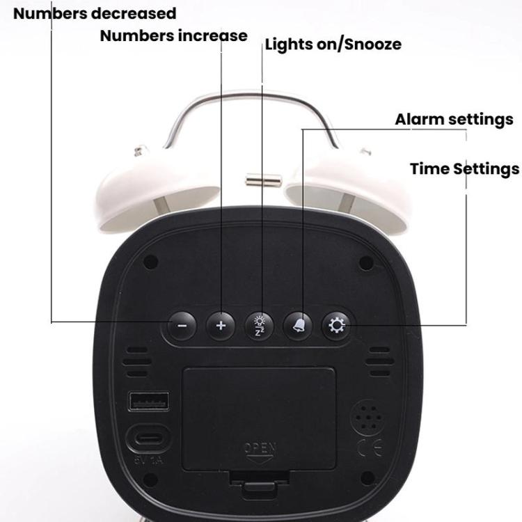Loud Metal Powerful Ringing Clock LED Multifunction Clock, Black Shell White Light, Black Shell Green Light, Black Shell Blue Light, Black Shell Red Light, White Shell White Light, White Shell Green Light, White Shell Blue Light, White Shell Red Light