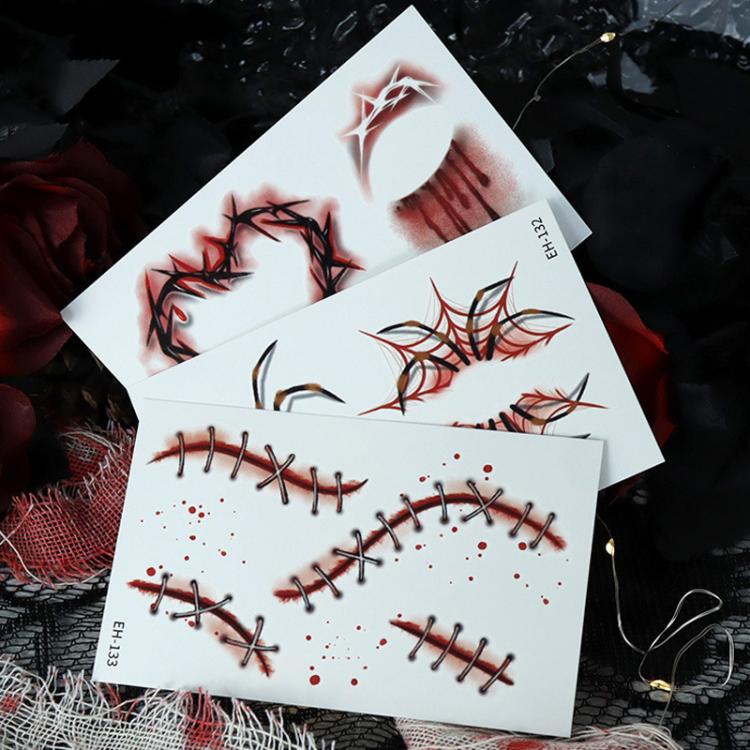 10pcs Halloween Temporary Tattoo Stickers Waterproof Facial Scar Makeup Stickers, EH-093, EH-095, EH-096, EH-101, EH-103, EH-104, EH-105, EH-106, EH-107, EH-110, EH-112, EH-126, EH-127, EH-128, EH-131, EH-132