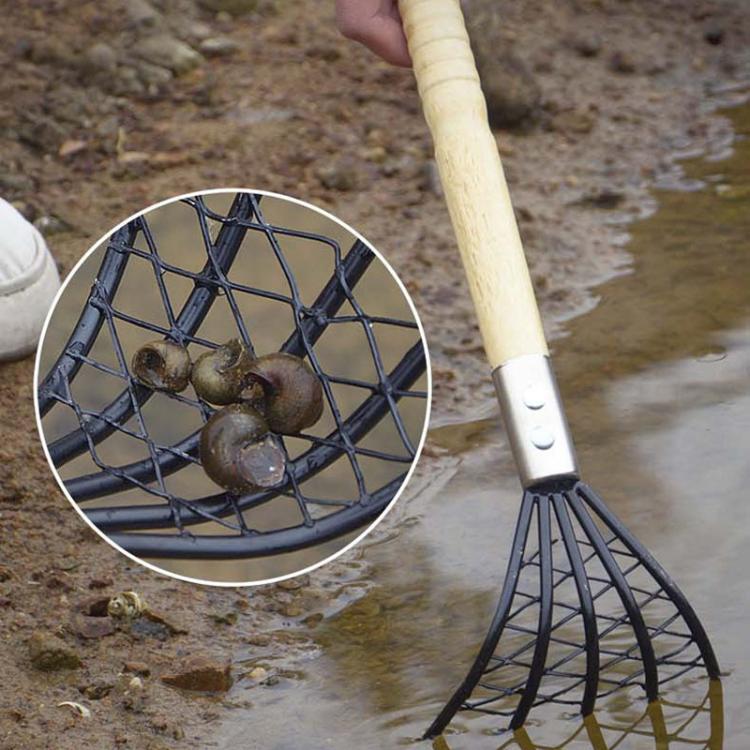 Clam Rake With Mesh Pocket Seaside Beach Rake Wooden Handle Small Iron Rake Tool, Short, Long