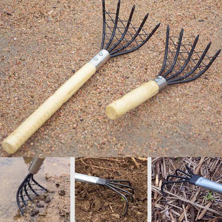 Clam Rake With Mesh Pocket Seaside Beach Rake Wooden Handle Small Iron Rake Tool, Short, Long
