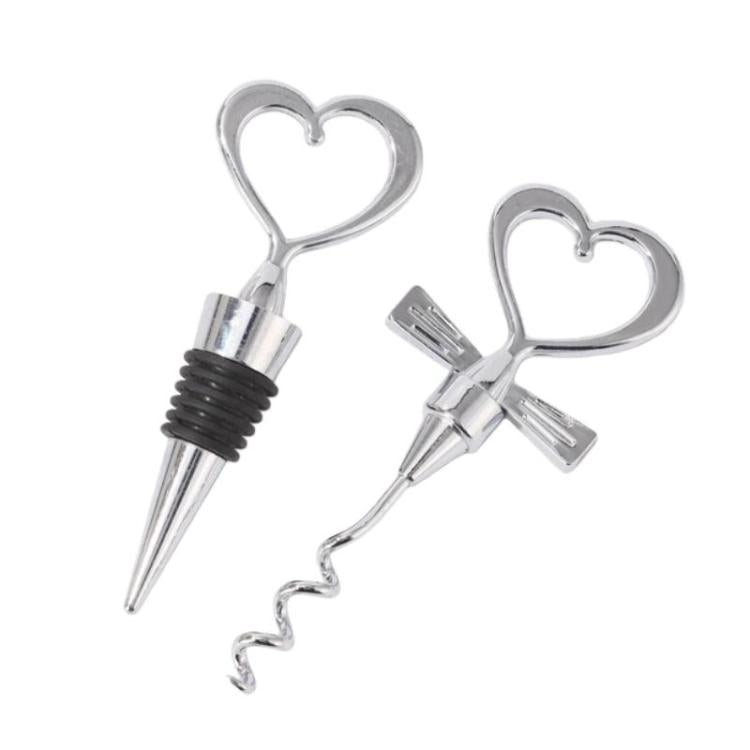 2pcs Heart-Shaped Wine Stopper And Bottle Opener Set Wedding Gift Wineware Set, Zinc Alloy