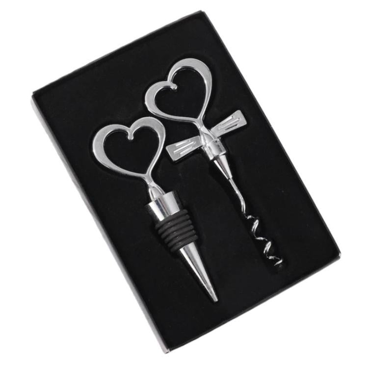2pcs Heart-Shaped Wine Stopper And Bottle Opener Set Wedding Gift Wineware Set, Zinc Alloy
