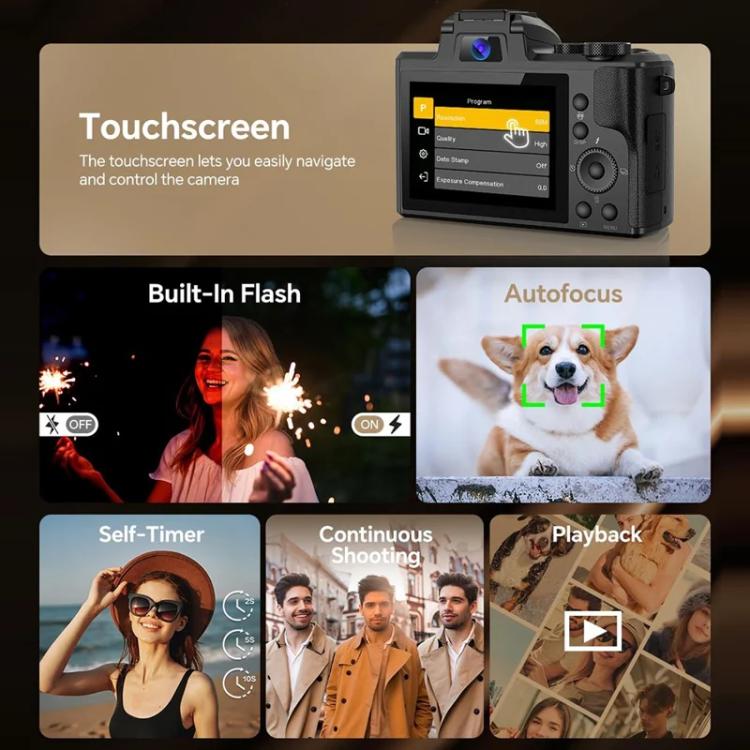 DC226 8K Camcorder With Front/Rear 48MP Dual Cameras, 3.2-Inch HD Touch Screen, LED Flash, HDMI Output & WiFi Transfer, EU Plug, US Plug, UK Plug