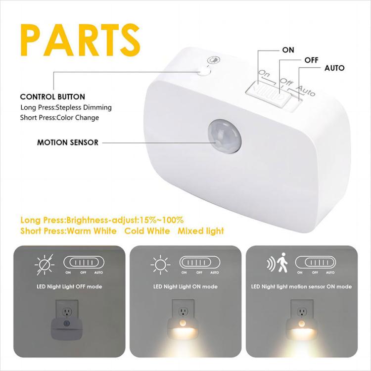 Smart Motion Sensor Night Light 3 Color Temperatures Plug-in Light for Bedroom, Hallway, Stairs, EU Plug, US Plug