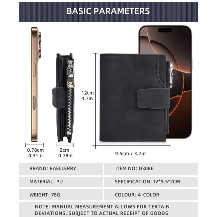 Baellerry D3086 Men Compact Trifold Wallet With Zipper Slim Vertical Minimalist Design