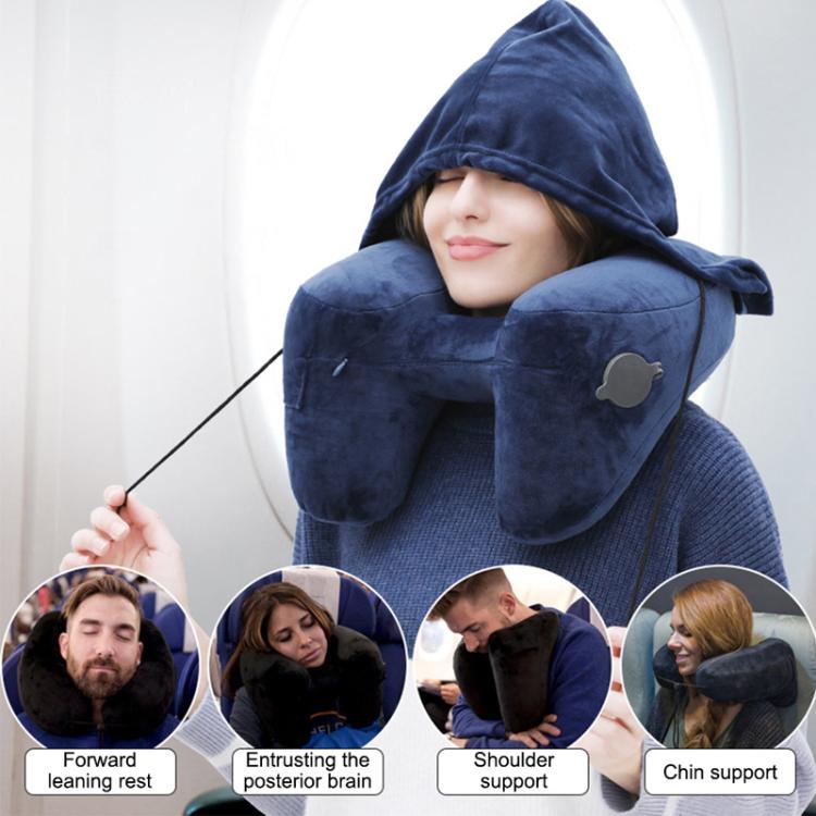 Travel H-shaped Inflatable Pillow Car Long-distance Airplane Nap Neck Pillow, With Hat Navy, With Hat Gray, With Hat Khaki, Pink, Navy, Gray
