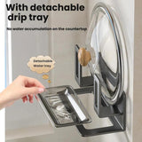 Wall-Mounted Pot Lid Holder & Cutting Board Organizer No Drill Kitchen Storage with Detachable Drip Tray