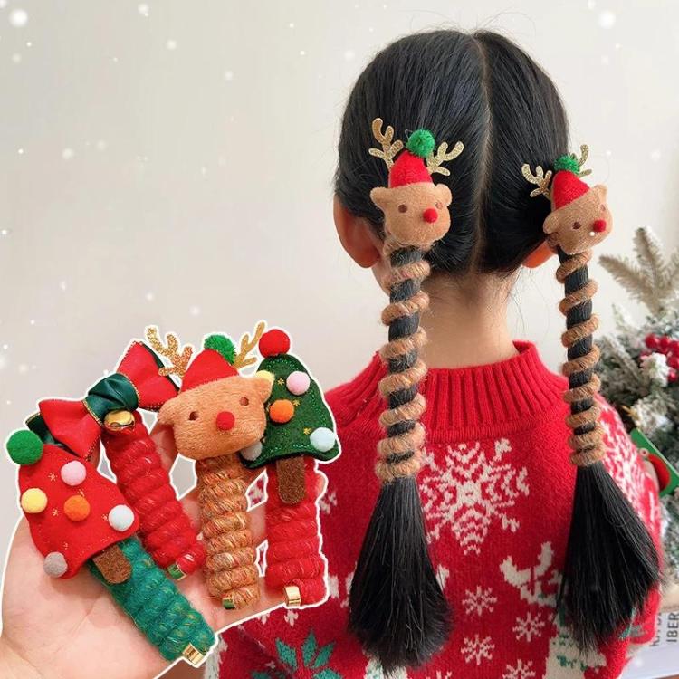 Christmas Hair Bows for Girls Coiled Telephone Wire Hair Ties Elastic Holiday Hair Accessories for Kids Toddler, Bells, Green Christmas Tree, Reindeer, Red Christmas Tree