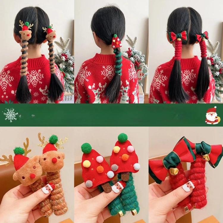 Christmas Hair Bows for Girls Coiled Telephone Wire Hair Ties Elastic Holiday Hair Accessories for Kids Toddler, Bells, Green Christmas Tree, Reindeer, Red Christmas Tree