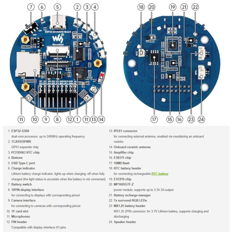 WAVESHARE ESP32-S3 AI Smart Speaker Development Board Dual-Mic Noise Reduction Echo Cancellation Surround RGB Light Effect, No Battery, With Battery