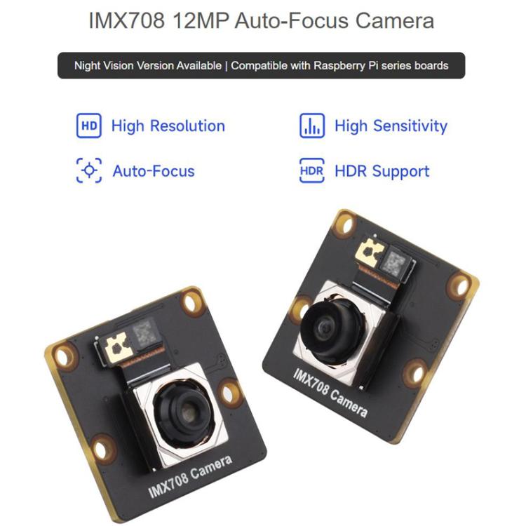 12MP High Resolution Auto Focus Camera Support High Dynamic Range, WAVESHARE IMX708 Standard 75 Degree, WAVESHARE IMX708 75 Degree Support Night Vision, WAVESHARE IMX708 Wide-angle 120 Degree, WAVESHARE IMX708 120 Degree Support Night Vision