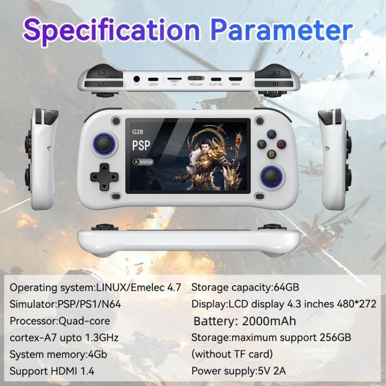 G28 Portable Handheld Open-Source Game Console 4.3 Inch HD IPS Screen, ARM Quad-Core Cortex-A7 1.3GHz, 64GB