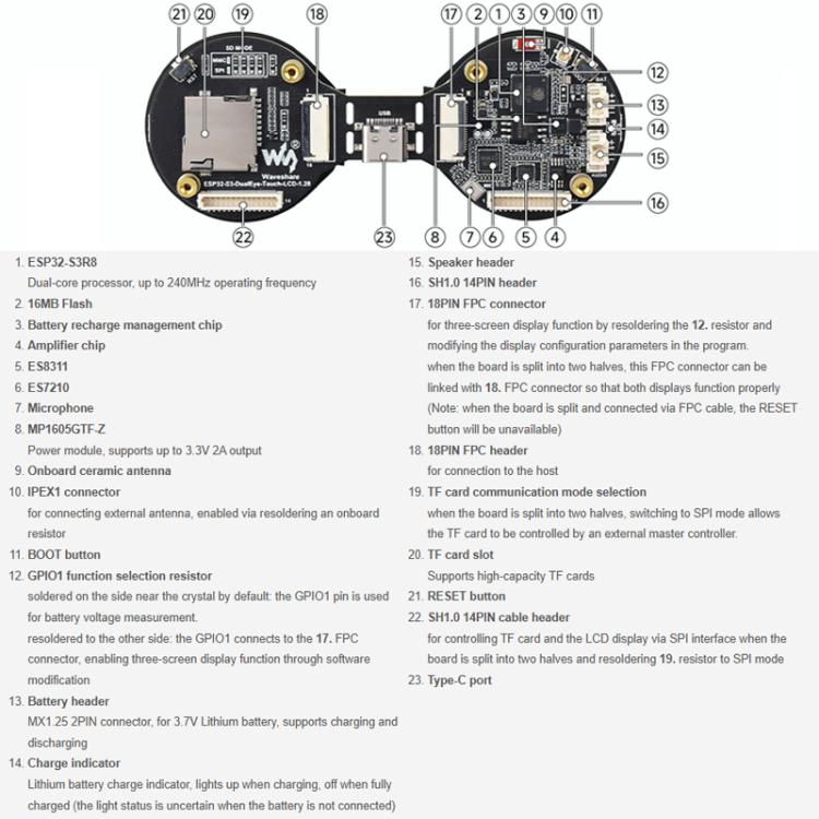 WAVESHARE ESP32-S3 Double Eye 1.28 Inch Round LCD AIoT Development Board, Supports Wi-Fi / Bluetooth 5, No Touch, Touch