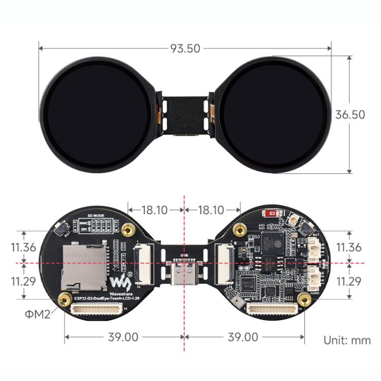 WAVESHARE ESP32-S3 Double Eye 1.28 Inch Round LCD AIoT Development Board, Supports Wi-Fi / Bluetooth 5, No Touch, Touch