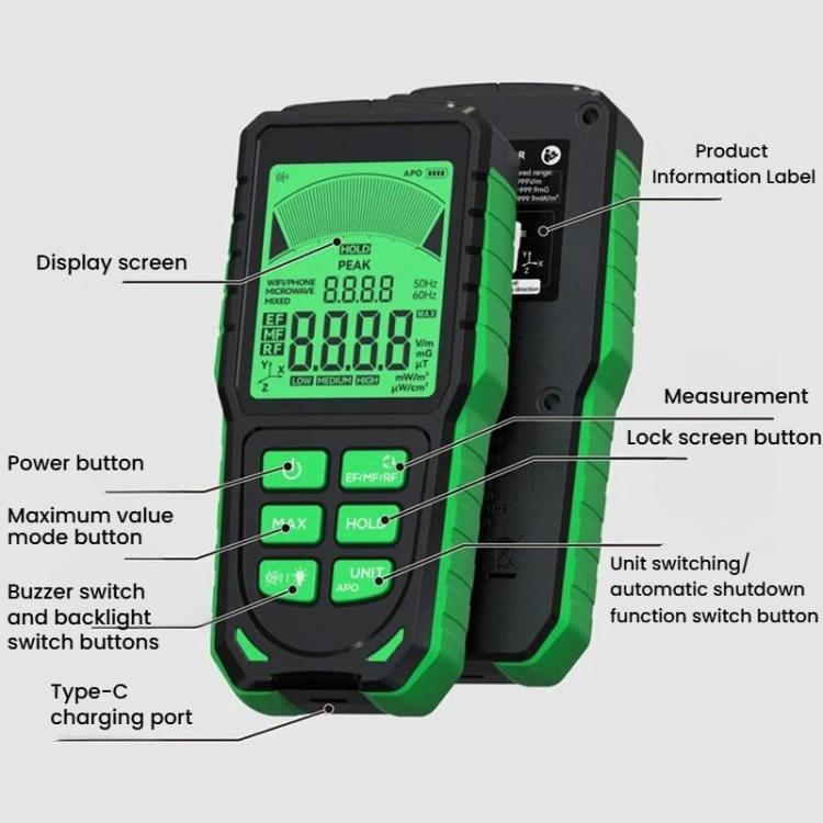 R&D INSTRUMENTS RD637 3 In 1 Digital Display Alarm Rechargeable Electromagnetic Radiation Tester, RD637