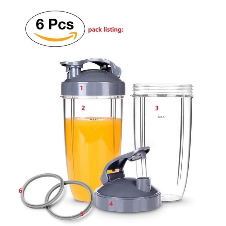 6-Piece Replacement Set For Nutribullet 900W & 600W Blender Includes 32OZ Cups, Sport Lids, Sealing Rings, 6-Piece Set