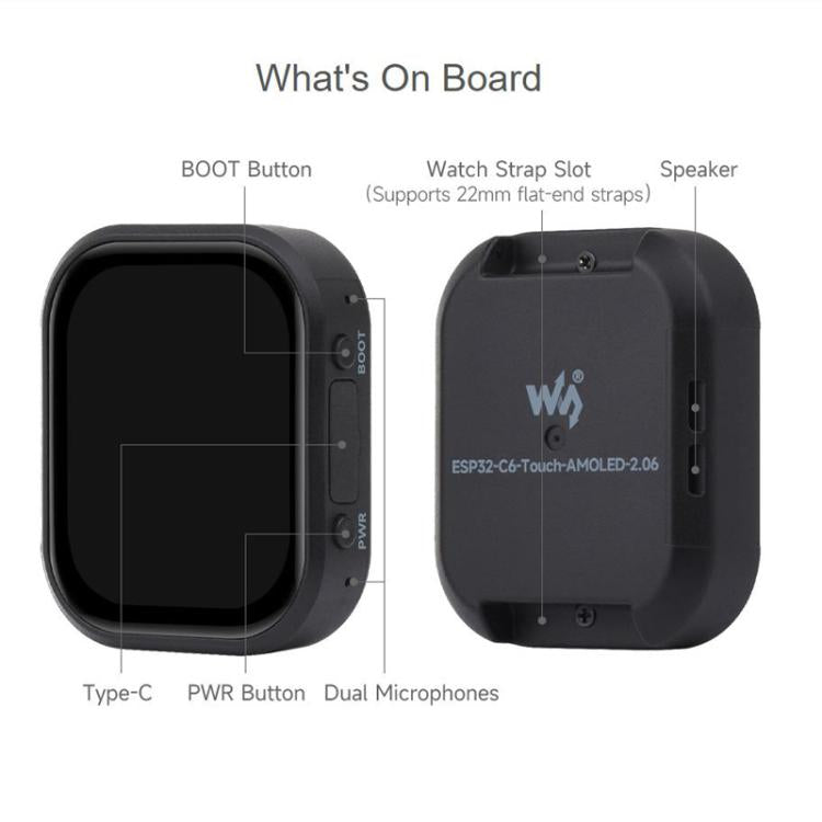 WAVESHARE ESP32-C6 2.06 Inch AMOLED Touch Watch Development Board, 410x502 Pixels, With Lithium Battery, No Lithium Battery