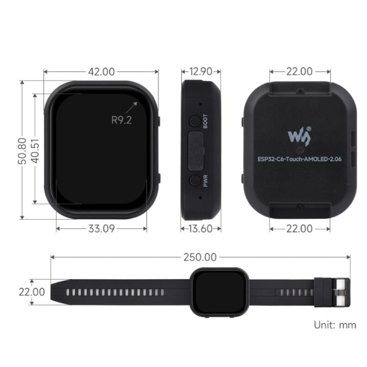 WAVESHARE ESP32-C6 2.06 Inch AMOLED Touch Watch Development Board, 410x502 Pixels, With Lithium Battery, No Lithium Battery