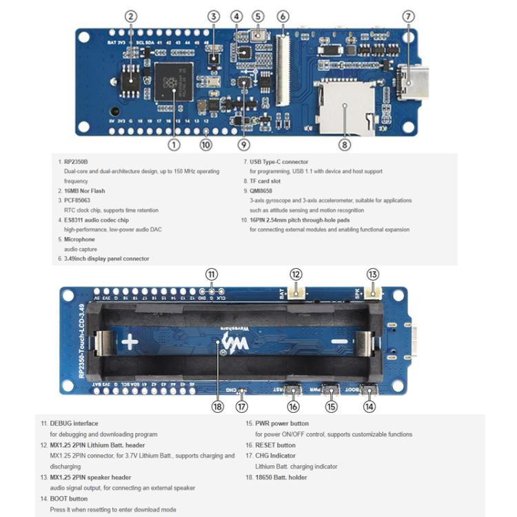 WAVESHARE 3.49 Nch Capacitive Touch Display RP2350 High Performance Development Board 172 X 640 Dual Core Dual Architecture, With Lithium Battery, No Lithium Battery