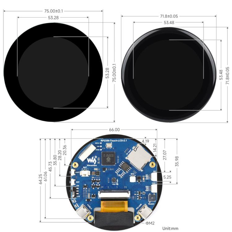 WAVESHARE RP2350 2.1 Inch Capacitive Touch Round Display Development Board, Flat, 2.5D Curved