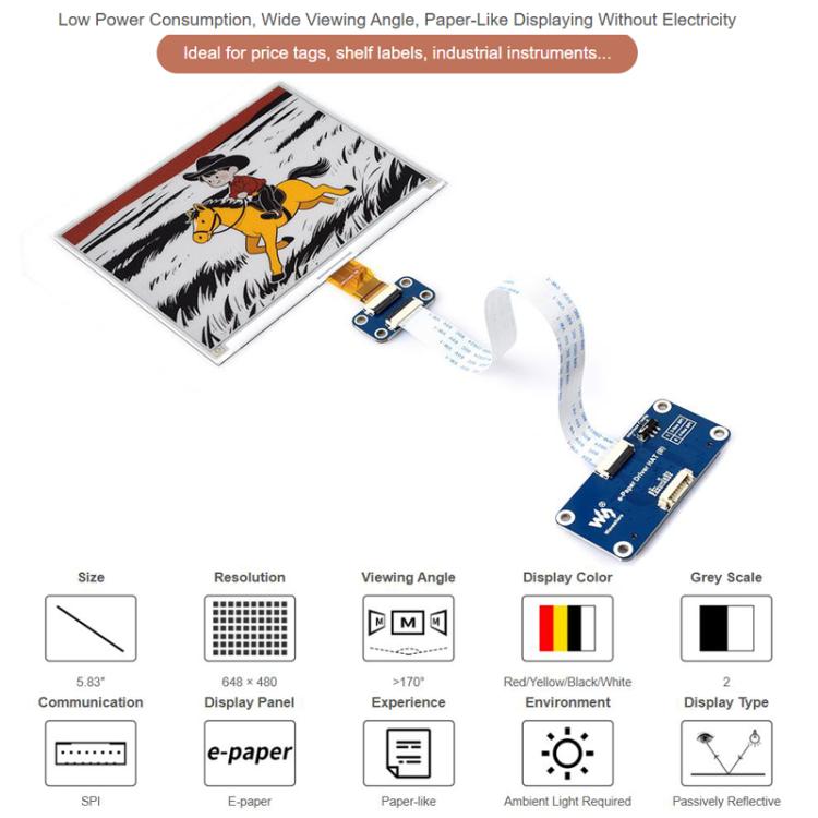 WAVESHARE 5.83 Inch E-Paper 4 Color E-Ink Display Module, Raw Display, With Driver HAT