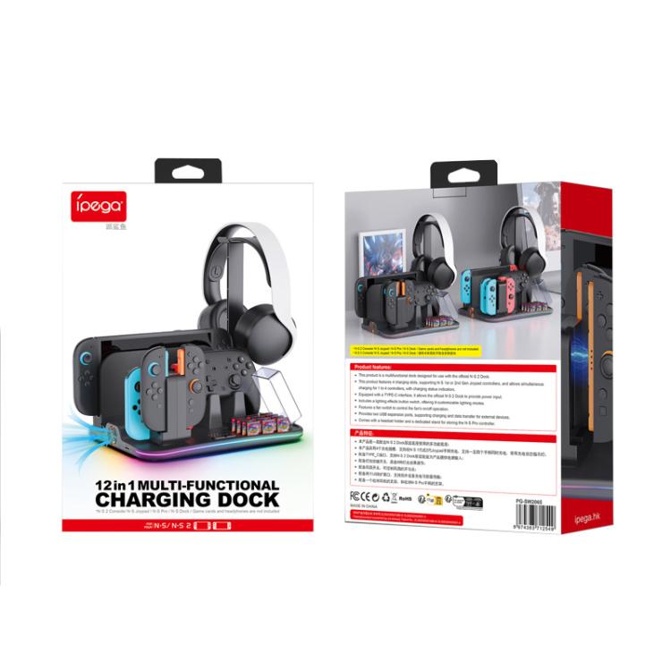 ipega 12-in-1 Multi-Function Charging Dock for Nintendo Switch 2/Switch Joy-Con Charging, Pro Controller Dock, Cooling Fan, Game & Headset Storage Organizer, 12-in-1