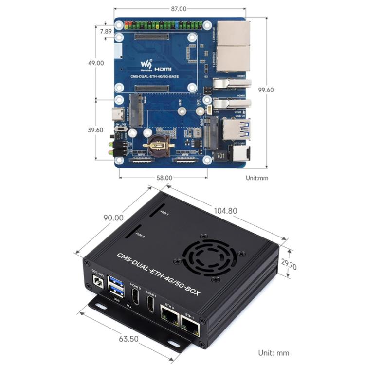 For Raspberry Pi CM5 WAVESHARE Dual Network Port Expansion Board Support 4/5G Communication Module, EU Plug, US Plug, UK Plug
