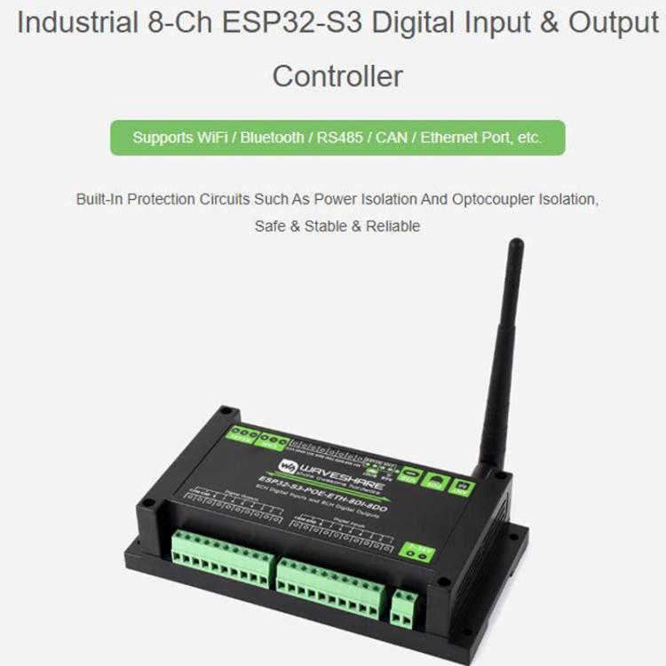 Control Board With 8-Channel Digital Input & Output, Built-In Xtensa 32-Bit LX7 Dual-Core Processor, Waveshare ESP32-S3-POE-ETH-8DI-8DO