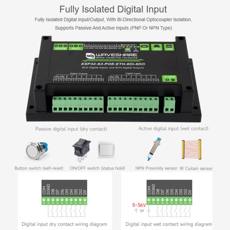 Control Board With 8-Channel Digital Input & Output, Built-In Xtensa 32-Bit LX7 Dual-Core Processor, Waveshare ESP32-S3-POE-ETH-8DI-8DO