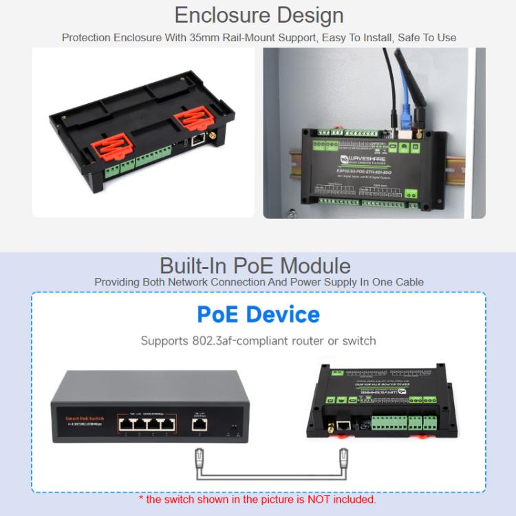 Control Board With 8-Channel Digital Input & Output, Built-In Xtensa 32-Bit LX7 Dual-Core Processor, Waveshare ESP32-S3-POE-ETH-8DI-8DO